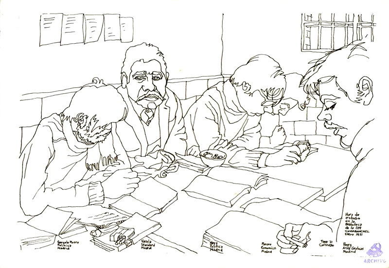 Horas de estudio en  la Biblioteca de la  Cárcel de Carabanchel. Dibujo de Tony Gallardo, 1971.